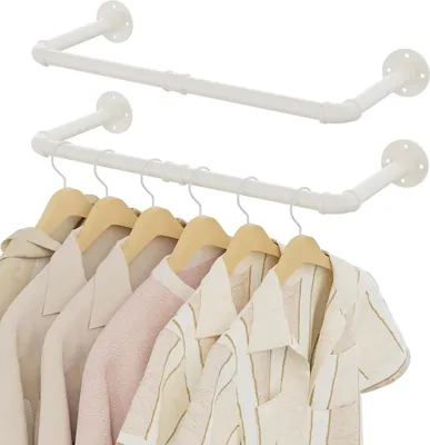 Produktbild von Kleiderstange für die Wand – Hochwertige Stahlkleiderstange – Set von 2 – Kleiderregal - Hängeregal - Garderobenstange – 64 cm - Weiß
