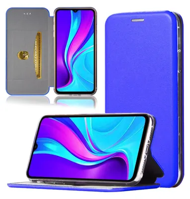 A blue flip case for a smartphone is shown in multiple views, including open and closed, with a smartphone inside displaying a colorful wallpaper. A credit card is visible in a slot within the case.