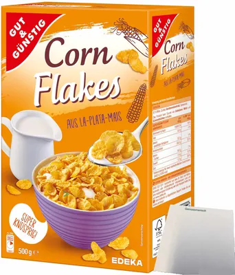 Produktbild von Gut & Günstig Cornflakes super knusprig aus La-Plata- Mais (500g Packung) + usy Block