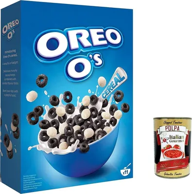 Produktbild von 3x Oreo O's Cereal 350 g, Oreo Cerealien mit Kakao- und Vanillegeschmack, Oreo Cereal als Frühstück oder Snack zwischendurch, enthält Vitamine und Eisen + Italian Gourmet polpa 400g