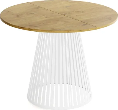 Produktbild von Esstisch Rund Ausziehbar mit Lamellen im Loft-Stil – 100 bis 180 cm – Industrieller Tisch mit Weißen Metallbeinen, Platzsparend für Wohnzimmer oder Esszimmer – Braun