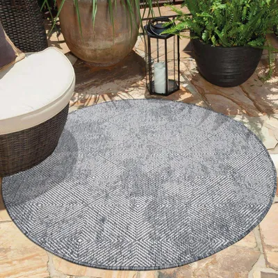 Produktbild von Teppich Outdoor Wetterfest - Grau - Wendeteppich - 120 cm Rund - Rauten-Muster