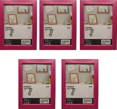 A set of five pink IKEA FISKBO photo frames, each displaying a small picture inside.