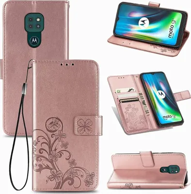 Collage of a rose gold flip case for a Motorola Moto G9 Play, showing different angles and features.