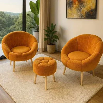 Image de Ensemble Hanah Home, comprenant un fauteuil et un pouf (3 pièces) - Orange, 100% mélaminé, 100% Wellssoft