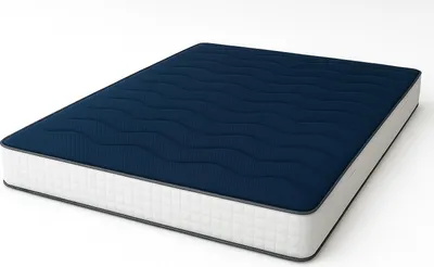 A dark blue mattress with a white quilted side, shown on a white background.