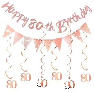 Produktbild von Deko-Set 80. Geburtstag Roségold Girlande Luftschlangen Spiralen 8er Set