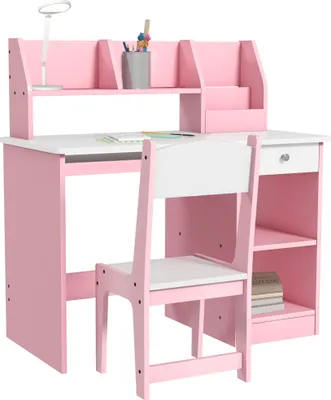 Image de ZONEKIZ Bureau enfant avec chaise ergonomique, table enfant et chaise avec 2 tiroirs, étagères ouvertes et niches, table pour l'étude, le travail et l'écrire, 90 x 45 x 90 cm, rose