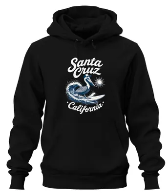 Immagine prodotto di Surfing Pelican Santa Cruz, California. Felpa con cappuccio, motivo pelicano, colore nero, taglia M