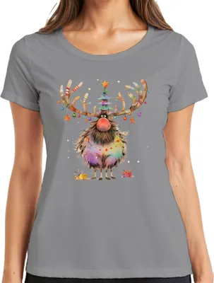 Produktbild von Lustiges Weihnachtsrentier Geweih Weihnachtsbaum Lichterkette Damen T-Shirt, Grau, 3XL