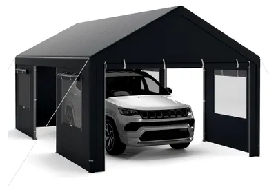 Produktbild von Zeltgarage Carport, 600 x 363 cm, winterfestes Garagenzelt, Lagerzelt mit abnehmbaren Seitenwänden, Rolltüren und belüfteten Fenstern, Unterstand für Auto, SUV, LKW, PKW (Grau)