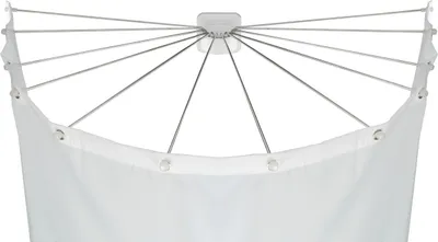 A close-up view of a shower curtain rod with multiple arms extending from a central mount, holding up a white shower curtain.