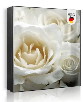 Produktbild von banjado Schlüsselkasten aus Metall, 30x30cm groß mit 32 Haken, als Magnettafel nutzbar, Korpus schwarz, Anschlag links, White Roses [SKG2 10108]