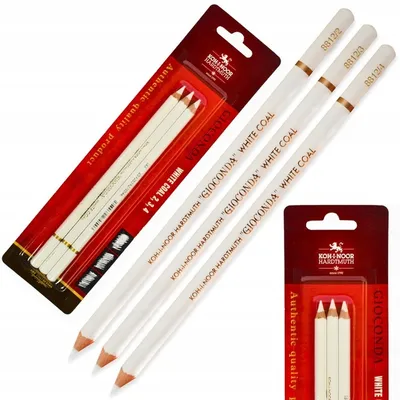 Obrázok produktu pre KOH-I-NOOR uhľová biela - sada 3 uhľových ceruziek - ideálna na skicovanie, tieňovanie a kreslenie na tmavý papier a kartón