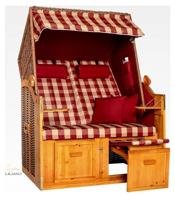 Produktbild von Strandkorb Ostsee | Variante B in Bordeaux | Geflecht Natur | Inklusive Schutzhülle | 2-Sitzer für Garten, Terrasse und Balkon