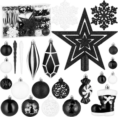Produktbild von BRUBAKER 128-tlg. Christbaumschmuck - XXL Weihnachtskugel Set - Eiszapfen, Diamant Anhänger, Bonbon, Nikolaus Stiefel, Baumspitze Stern, Schwarz