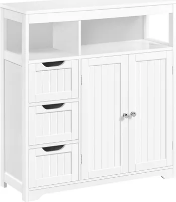 A white bathroom cabinet with three drawers on the left and two doors on the right, set against a white background.