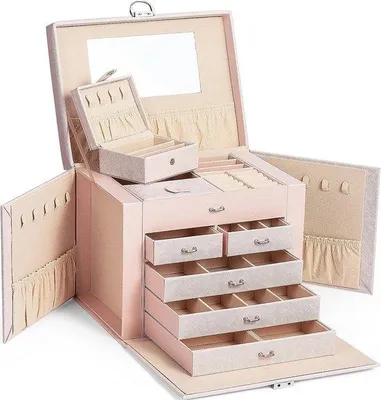 Produktbild von Famanu Schmuckkästchen abschließbar, 5 Ebenen mit 5 Schubladen, mit Spiegel, für Ringe, Ohrringe, Halsketten und Armbänder, rosa