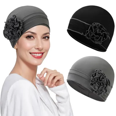 Immagine prodotto di Cappellini chemio da donna, confezione da 2, tipo turbante, berretto, cuffia, sciarpa per capelli, colore nero e grigio, materiale: poliestere
