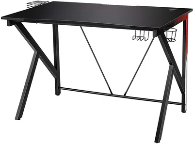 Image de COSTWAY Table de jeu en forme de K Table d'ordinateur PC Bureau avec porte-boisson, crochet pour écouteurs et support vidéo 115x73cm