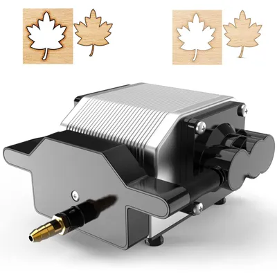 A 3D rendering of an air assist pump with two small wooden maple leaf cutouts in the background.