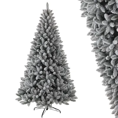 A flocked artificial Christmas tree on a white background.