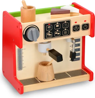 Produktbild von Holzspielzeug 2 in 1 Kaufladen und Kaffeemaschine, Kaffeevollautomat mit Drehschalter, Torten, Kuchen, Becher und Kanne mit Rührstab