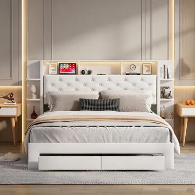 Produktbild von INONEFT Boxspringbett 160×200 mit LED &USB ,Polsterbett mit 2 Schubladen,Doppelbett,Kopfteil mit Stauraum, Flanell, Beige.