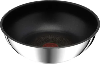 A close-up, front-facing view of a wok pan on a white background.