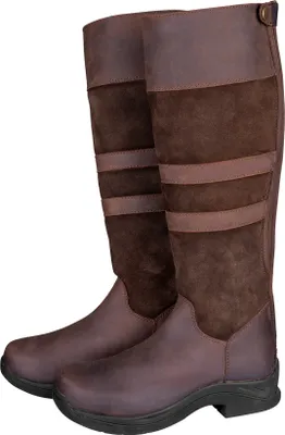 A pair of brown leather and suede riding boots.