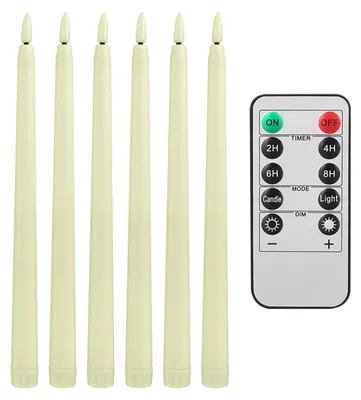 Produktbild von 6er Set LED-Stabkerzen, flammenlos, mit Timer und Fernbedienung, flackerndes 3D-Wachsdesign, für Hochzeit und Weihnachten -  Elfenbein