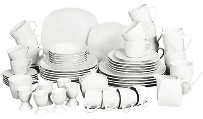Produktbild von Retsch Arzberg 500031621 Kombiservice Coup für 6 Personen, Uni + Uni, Porzellan, quadratisch (abgerundet), weiß (1 Set, 62-teilig)