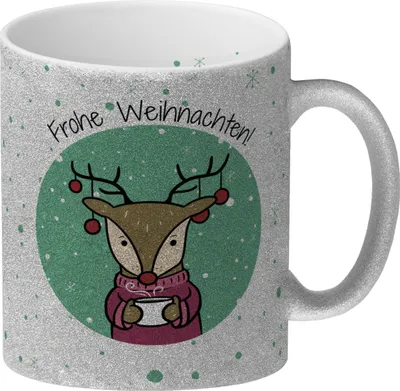 Produktbild von Frohe Weihnachten Glitzer-Kaffeebecher mit süßem Rentier