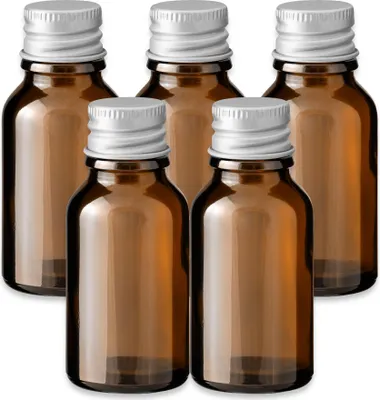Produktbild von 5x Glasflasche Braun 15 ml mit silbernem Aluminium Schraubverschluss