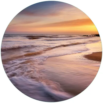 Produktbild von Wallario Premium Glasbild, freischwebende Optik, kräftige Farben, rund 50cm Durchmesser, Motiv Sonnenuntergang am Strand - Abendspaziergang