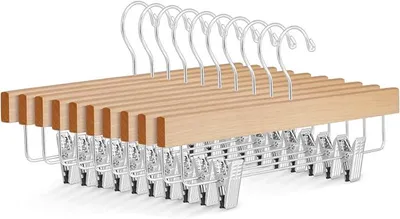 Produktbild von PolkaHome® Set von 10 natürlichen Holz-Hosenbügeln mit verstellbaren Clips, 360° drehbarer Haken für Jeans, Hosen, Röcke