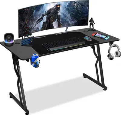 Produktbild von Bettizia Gaming Tisch 140cm x 60cm, Gamer Schreibtisch Kopfhörerhaken & Kohlebeschichtung Ergonomischer PC Computertisch Stabiler Tisch mit Getränkehalter, Schwarz
