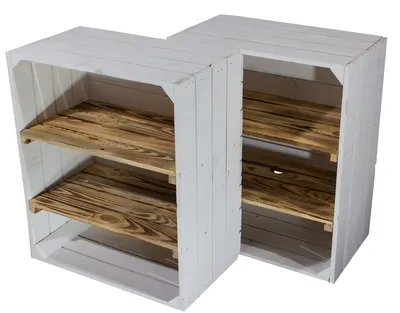 Two white wooden crates with wooden shelves, displayed side-by-side against a white background.