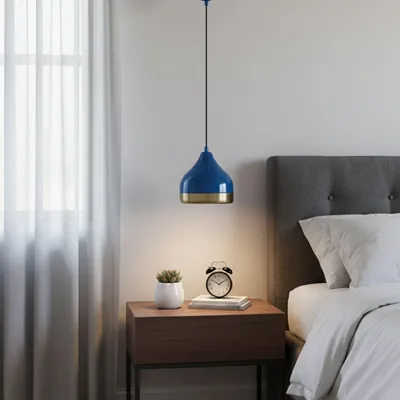 Produktbild von Opviq, Moderne blaue Pendelleuchte mit Metallkörper, verstellbare Höhe 25-112 cm, Ø17 cm, E27 Fassung, max. 40 W, IP20, ideal für Hotel & stilvolle Räume.