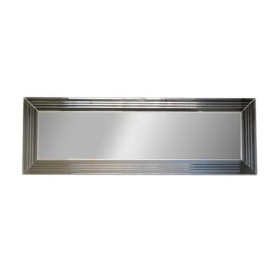 A rectangular mirror with a silver frame is shown against a white background.