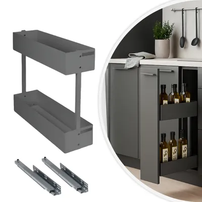 A collage showing a kitchen cabinet pull-out organizer with two shelves and its components, alongside a view of the organizer installed in a kitchen cabinet filled with bottles.