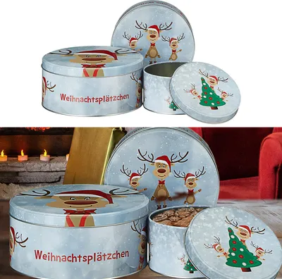 Obrázok produktu pre Plechovka na sušienky "Sob Ole" sada 3 okrúhlych vianočných sušienok Vianočná plechovka na sušienky Vianočná plechovka