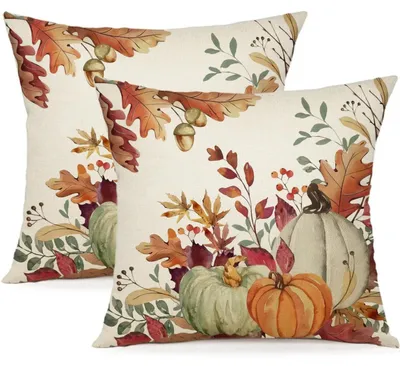 Obrázok produktu pre Poťahy na vankúše 50x50 cm, motív jeseň, tekvice, dekoratívne, sada 2 kusov, zmes lnu