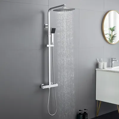 Produktbild von Auralum Duschsystem mit Thermostat Duscharmatur Eckig Duschpaneel,mit Regendusche und Handbrause, Anti-Verbrühungs-Duschsystem Duschstange
