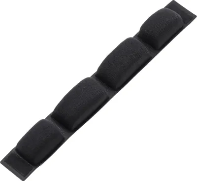 A black foam headband replacement strip with four padded sections, lying diagonally on a white background.