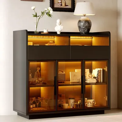 Imagen del producto de Mueble de cristal Merax con iluminación LED, vidrio de seguridad tintado, 2 cajones, aparador, vitrina, mueble bar, mueble de cocina, color