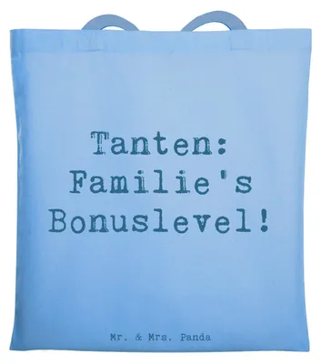 Produktbild von Mr. & Mrs. Panda Schultasche Spruch Tante Bonuslevel - Sky Blue - Geschenk, Tote Bag, Liebe, Tasche, Geburtstage, Nichte, Stoffbeutel, Familienmitglieder, Anekdoten