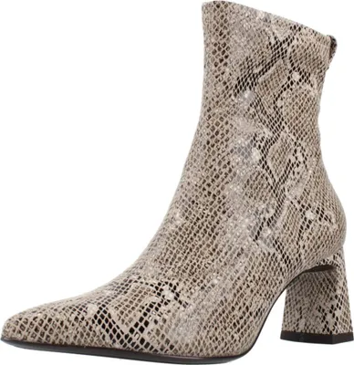 A single beige and brown snakeskin print ankle boot with a block heel is shown against a white background.