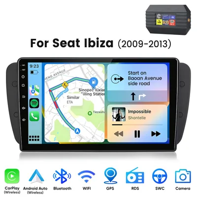 Productafbeelding van 9-inch Carplay Android 15 autoradio voor Seat Ibiza IV 6J (2009-2013) met GPS-navigatie, Wi-Fi, Bluetooth, FM, DAB+, RDS, DSP en USB. Inclusief DAB+ adapter. Geheugen: 2GB + 64GB