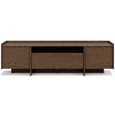 A front view of a wooden TV cabinet on a white background.